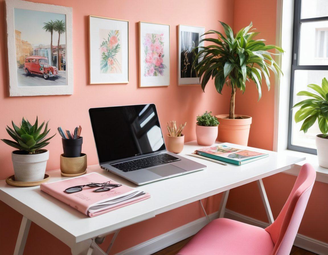 A stylish workspace featuring a chic desk adorned with trendy accessories, a laptop open displaying a vibrant lifestyle website, potted plants for a touch of greenery, and fashion magazines scattered across the surface. Soft pastel colors with elegant lighting create an inviting atmosphere. Include hints of fashion elements like fabric swatches and stylish footwear in the background. super-realistic. vibrant colors. cozy atmosphere.