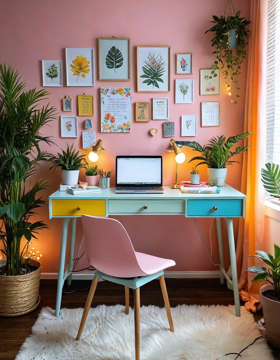 A whimsical workspace adorned with chic decor, featuring a vintage writing desk with colorful stationery, a vibrant mood board filled with lifestyle inspirations, and flickering fairy lights. Soft pastel tones dominate the scene, with touches of greenery from potted plants and enchanting artwork on the walls. The ambiance is inviting and playful, reflecting a creative spirit. super-realistic. vibrant colors. warm lighting.