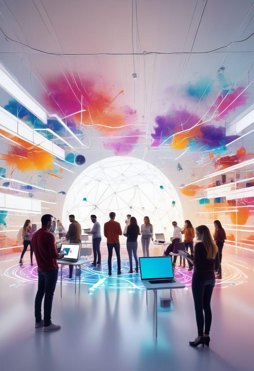 A dynamic digital landscape showcasing diverse individuals engaging in creative activities on their devices, surrounded by vibrant colors and inspiring elements like lightbulbs and social media icons. The scene should emanate a sense of collaboration and innovation, emphasizing the importance of building an engaging online presence. The background should have abstract yet inviting shapes representing connectivity and forward-thinking. super-realistic. vibrant colors. white background.